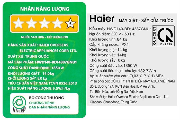 Máy giặt sấy Haier Inverter giặt 14 kg - sấy 8 kg HWD140-BD14387GNU1