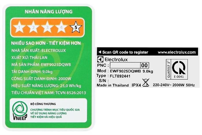 Máy giặt Electrolux UltimateCare 100 Inverter 9 kg EWF9025DQWB