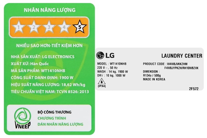 Máy giặt Tháp giặt sấy LG WashTower Inverter giặt 14 kg - sấy 10 kg WT1410NHB