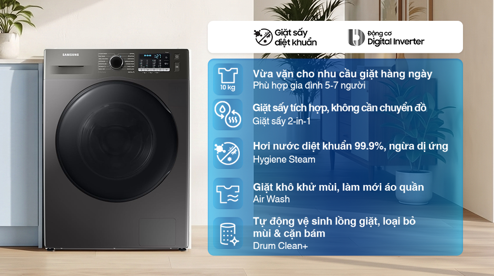 Máy giặt sấy Samsung Ecobubble Inverter giặt 10 kg - sấy 6 kg WD10HG4U04BBSV