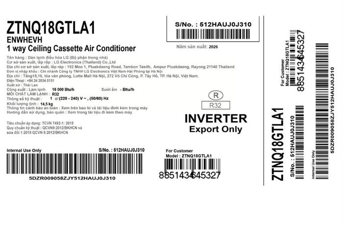 Máy lạnh âm trần 1 hướng LG Inverter 2 HP ZTNQ18GTLA1