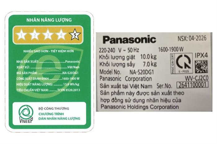 Máy giặt sấy Panasonic Inverter giặt 10 kg - sấy 7 kg NA-S20DG1BVT