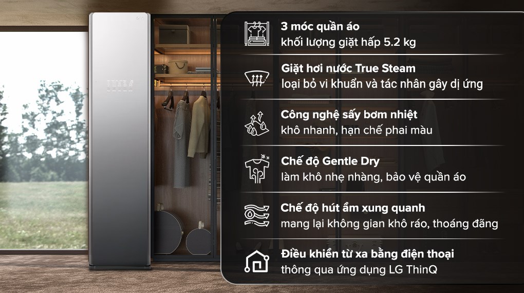 Máy giặt Tủ chăm sóc quần áo thông minh LG Styler Inverter 3 móc S3MFC