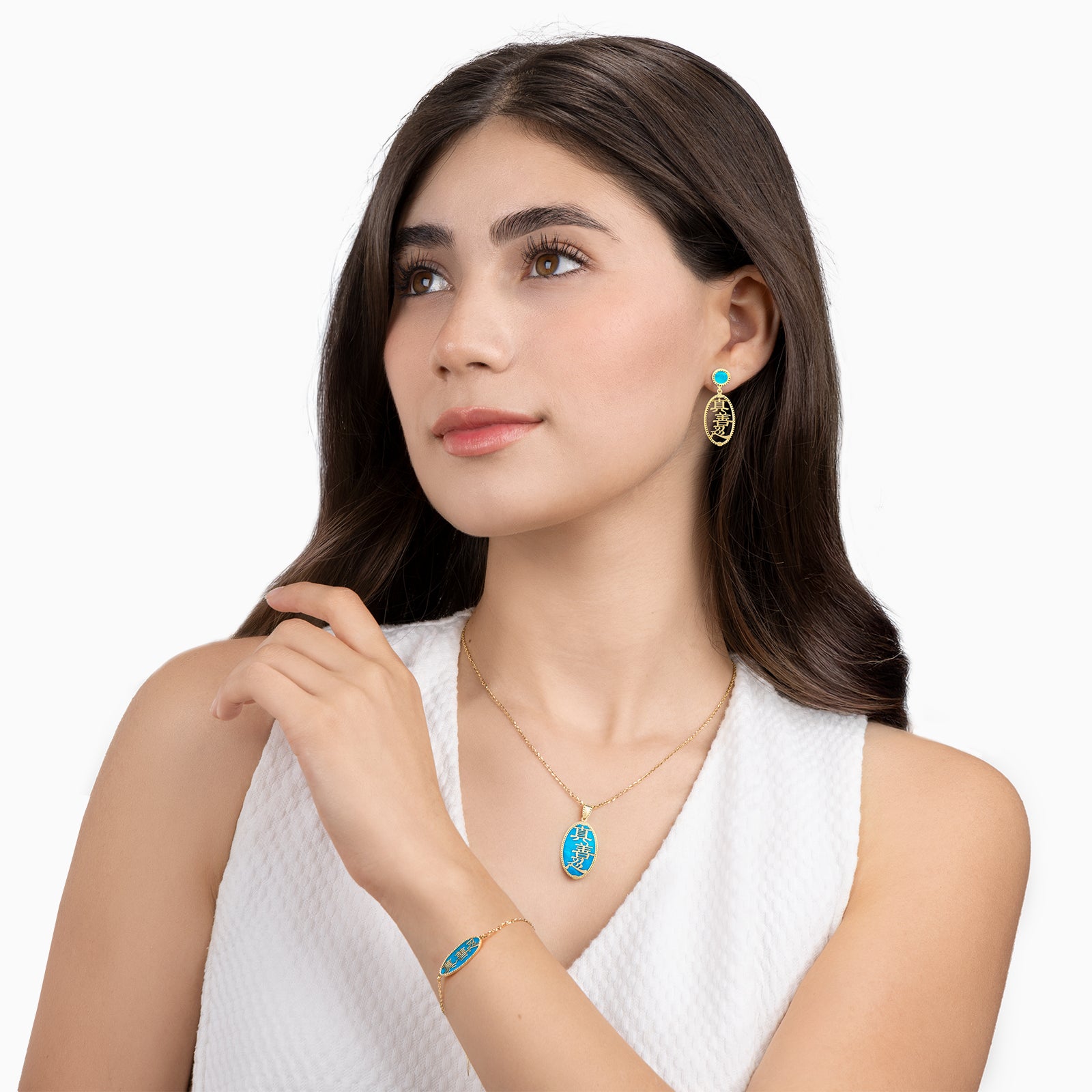 Vòng đeo tay Chân Thiện Nhẫn (Zhen Shan Ren Words 14kt Yellow Gold with Blue Mother of Pearl) - Vàng 14K Xà cừ xanh