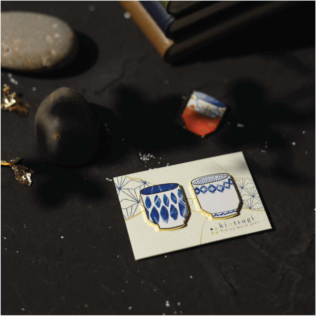 Pin 'tách trà Kintsugi' đế nam châm dùng làm trang trí, bookmark, gắn vật dụng gia đình