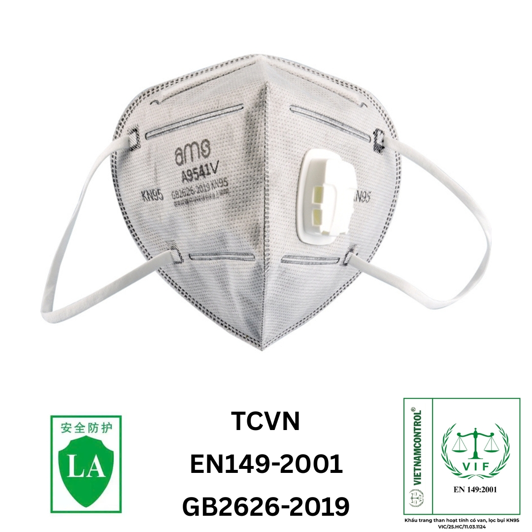 Khẩu trang hoạt tính có van KN95, quy cách A9541V (AMS, đóng gói riêng lẻ, có móc cài qua đầu, hộp 25 cái)