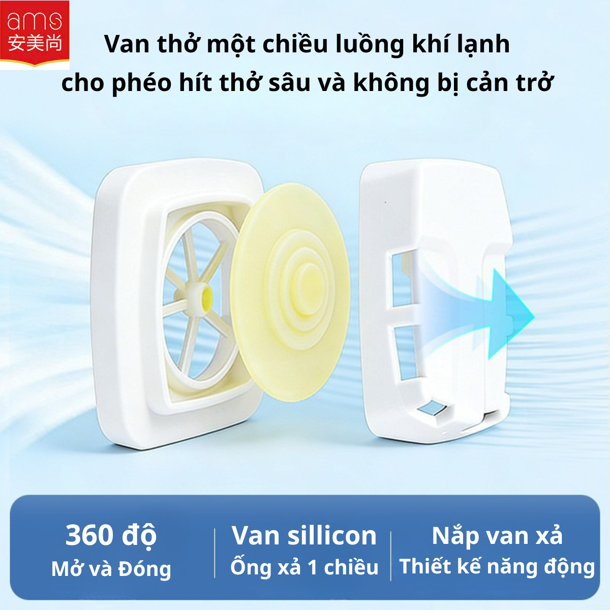 Khẩu trang hoạt tính có van KN95, quy cách A9541V (AMS, đóng gói riêng lẻ, có móc cài qua đầu, hộp 25 cái)