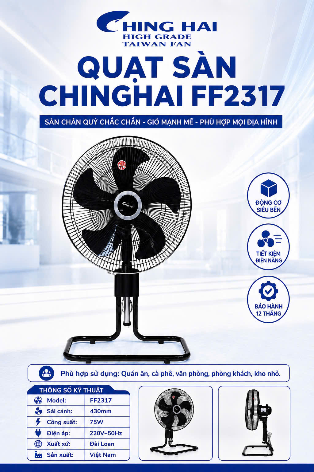 GIẢI PHÁP LÀM MÁT TẦM THẤP HOÀN HẢO: QUẠT SÀN CHINGHAI FF2317!