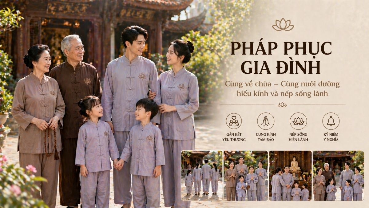 Pháp phục gia đình: Cả nhà cùng về chùa trong sự gắn kết và trang nghiêm
