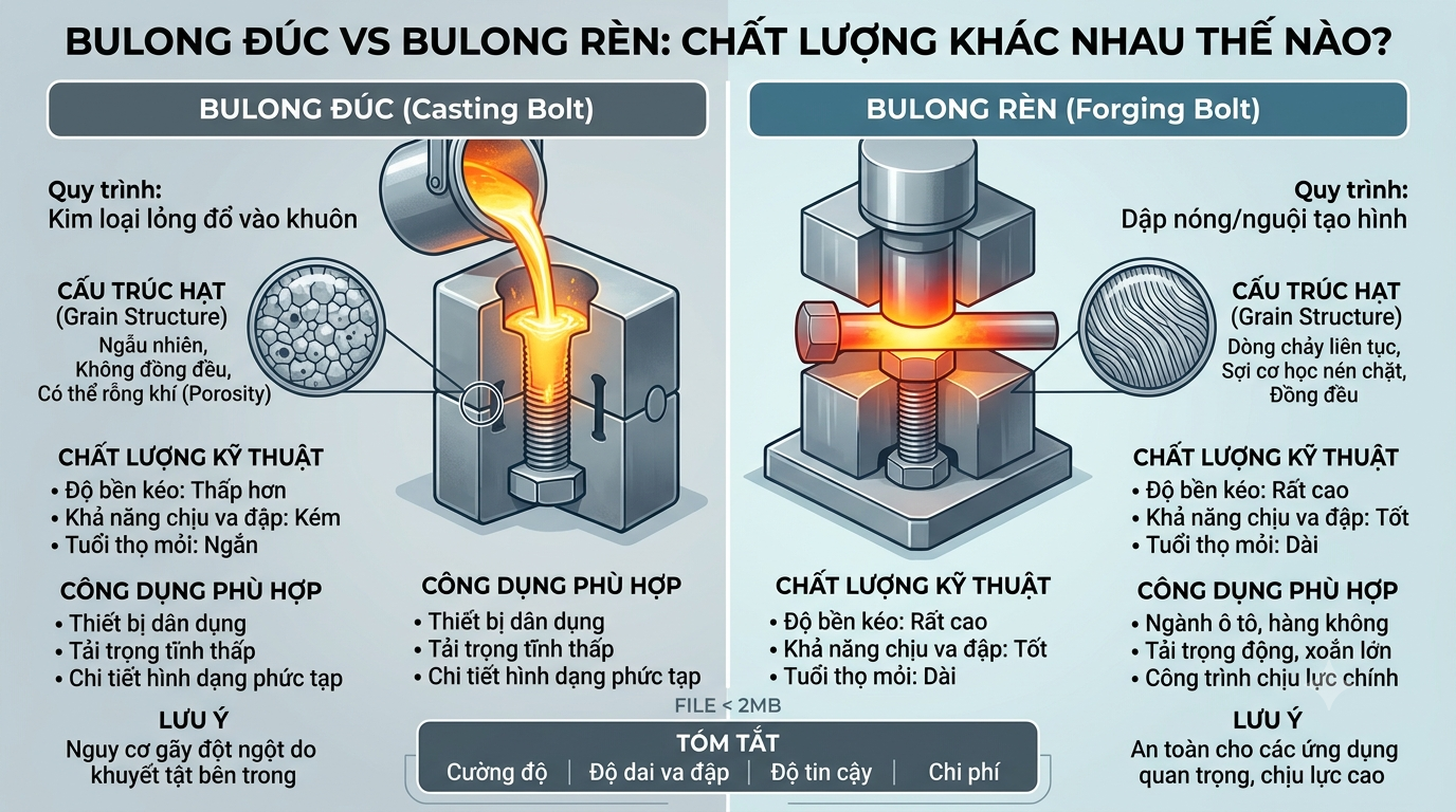 Bulong Đúc (Casting Bolt) vs Bulong Rèn (Forging Bolt): Chất Lượng Khác Nhau Thế Nào?