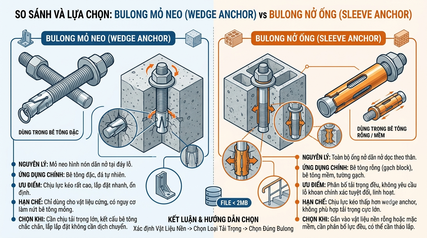 Bulong Mỏ Neo (Wedge Anchor) vs Bulong Nở Ống (Sleeve Anchor): Chọn Đúng Loại
