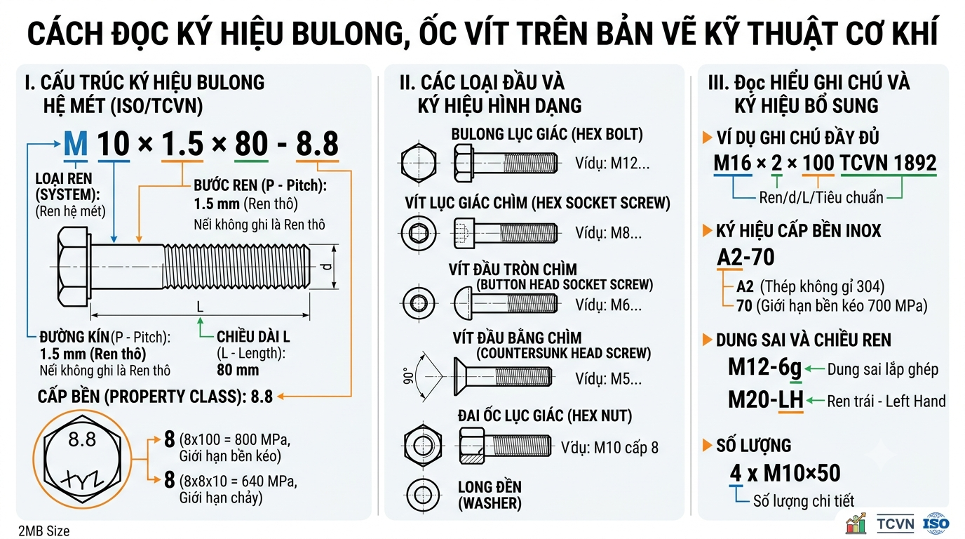 Cách Đọc Bản Vẽ Kỹ Thuật: Ký Hiệu Bulong, Ốc Vít Trên Bản Vẽ Cơ Khí