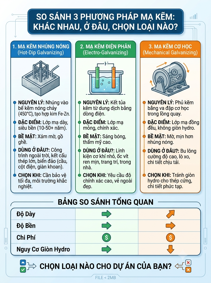 Phân Biệt Mạ Kẽm Nhúng Nóng, Mạ Kẽm Điện Phân, Mạ Kẽm Cơ Học