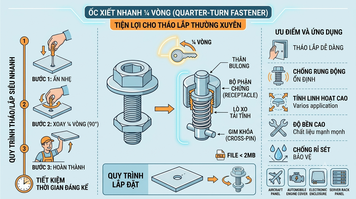 Ốc Xiết Nhanh ¼ Vòng (Quarter-Turn Fastener): Tiện Lợi Cho Tháo Lắp Thường Xuyên