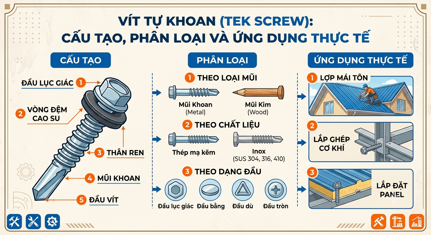 Vít Tự Khoan (TEK Screw): Cấu Tạo, Phân Loại Và Ứng Dụng Thực Tế