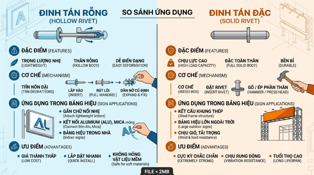 Đinh Tán Rỗng (Hollow Rivet) vs Đinh Tán Đặc: Ứng Dụng Trong Bảng Hiệu