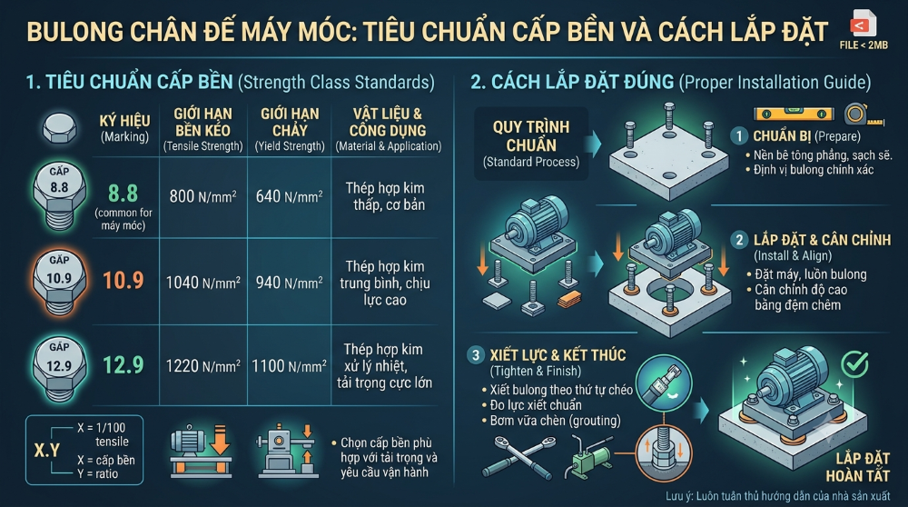Bulong Chân Đế Máy Móc: Tiêu Chuẩn Cấp Bền Và Cách Lắp Đặt