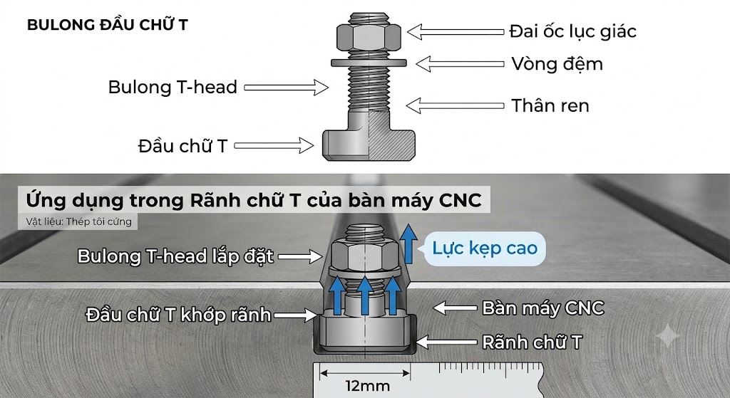 Bulong T-Head Dùng Cho Rãnh Chữ T Trên Bàn Máy CNC