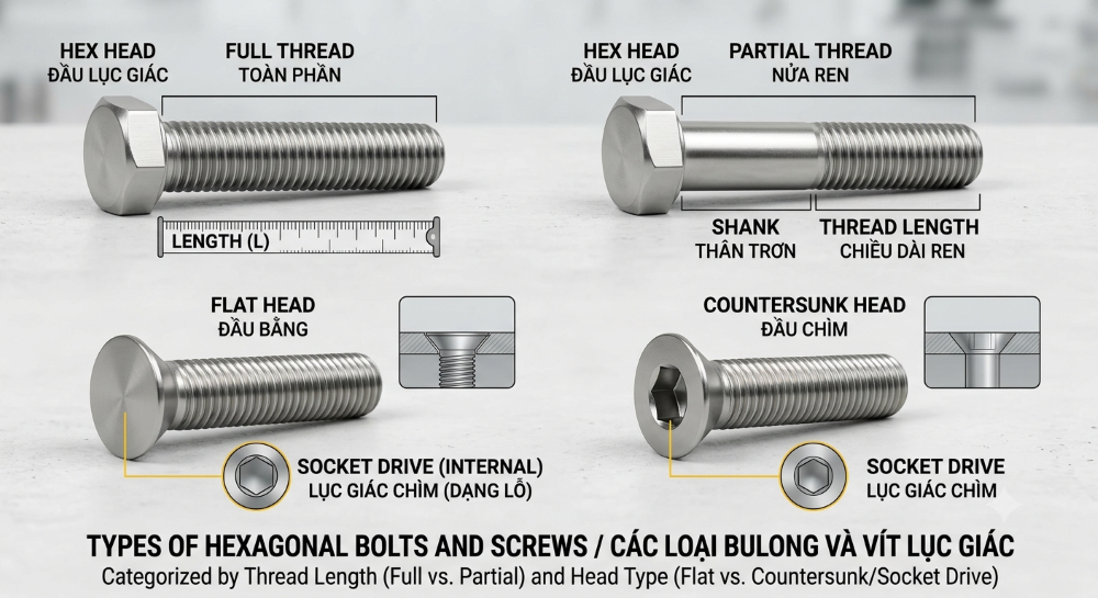 Tổng quan các loại Bulong lục giác: Toàn phần, Nửa ren, Đầu bằng, Đầu chìm