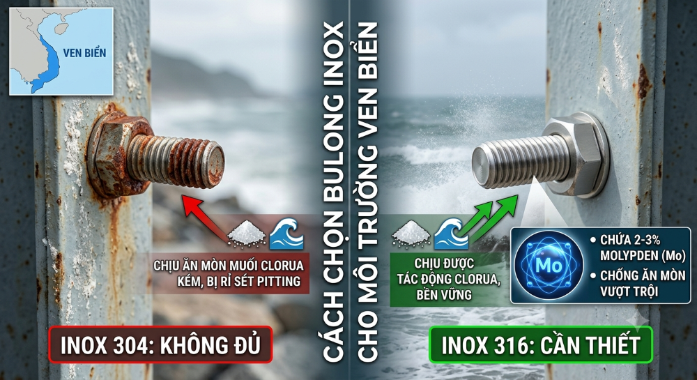 Cách Chọn Bulong Inox Cho Môi Trường Ven Biển: 304 Không Đủ, Cần 316
