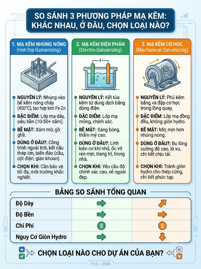Phân Biệt Mạ Kẽm Nhúng Nóng, Mạ Kẽm Điện Phân, Mạ Kẽm Cơ Học