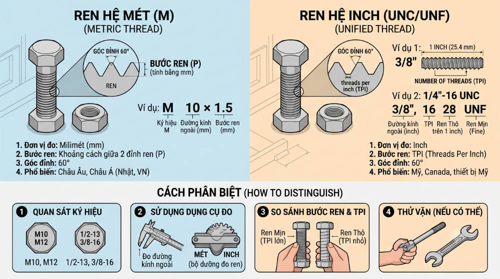 Ren Hệ Mét (M) vs Ren Hệ Inch (UNC/UNF): Cách Phân Biệt Nhanh