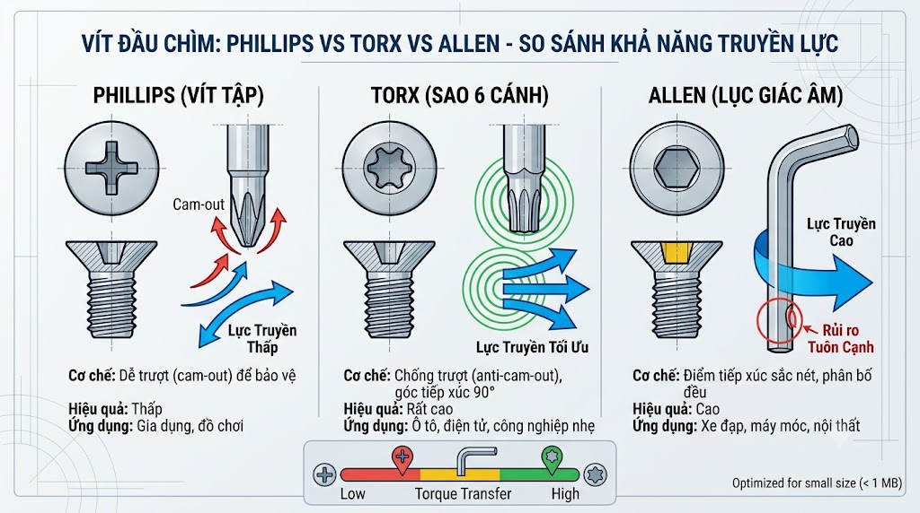 Vít Đầu Chìm Phillips vs Torx vs Allen: So Sánh Khả Năng Truyền Lực