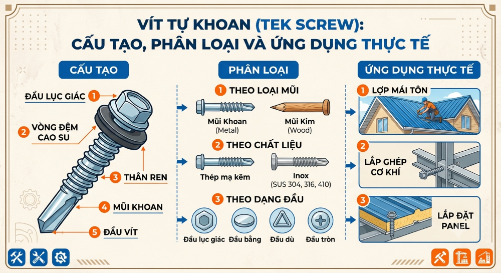 Vít Tự Khoan (TEK Screw): Cấu Tạo, Phân Loại Và Ứng Dụng Thực Tế