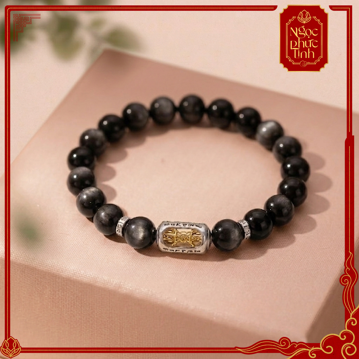 Vòng Tay Đá Obsidian Kim Cang Chùy Ánh Bạc 12mm