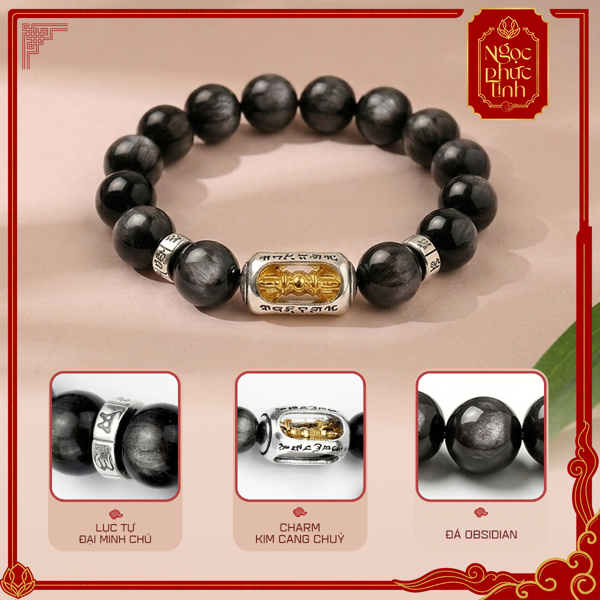 Vòng Tay Đá Obsidian Kim Cang Chùy Ánh Bạc 12mm