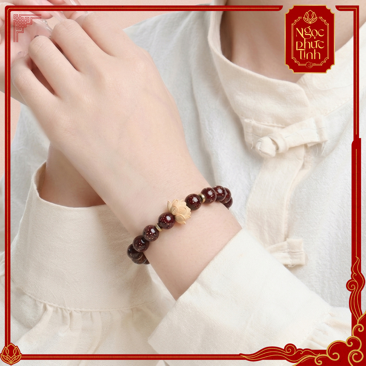 Vòng Tay Gỗ Tử Đàn Hoa Sen Không Kết - 10mm
