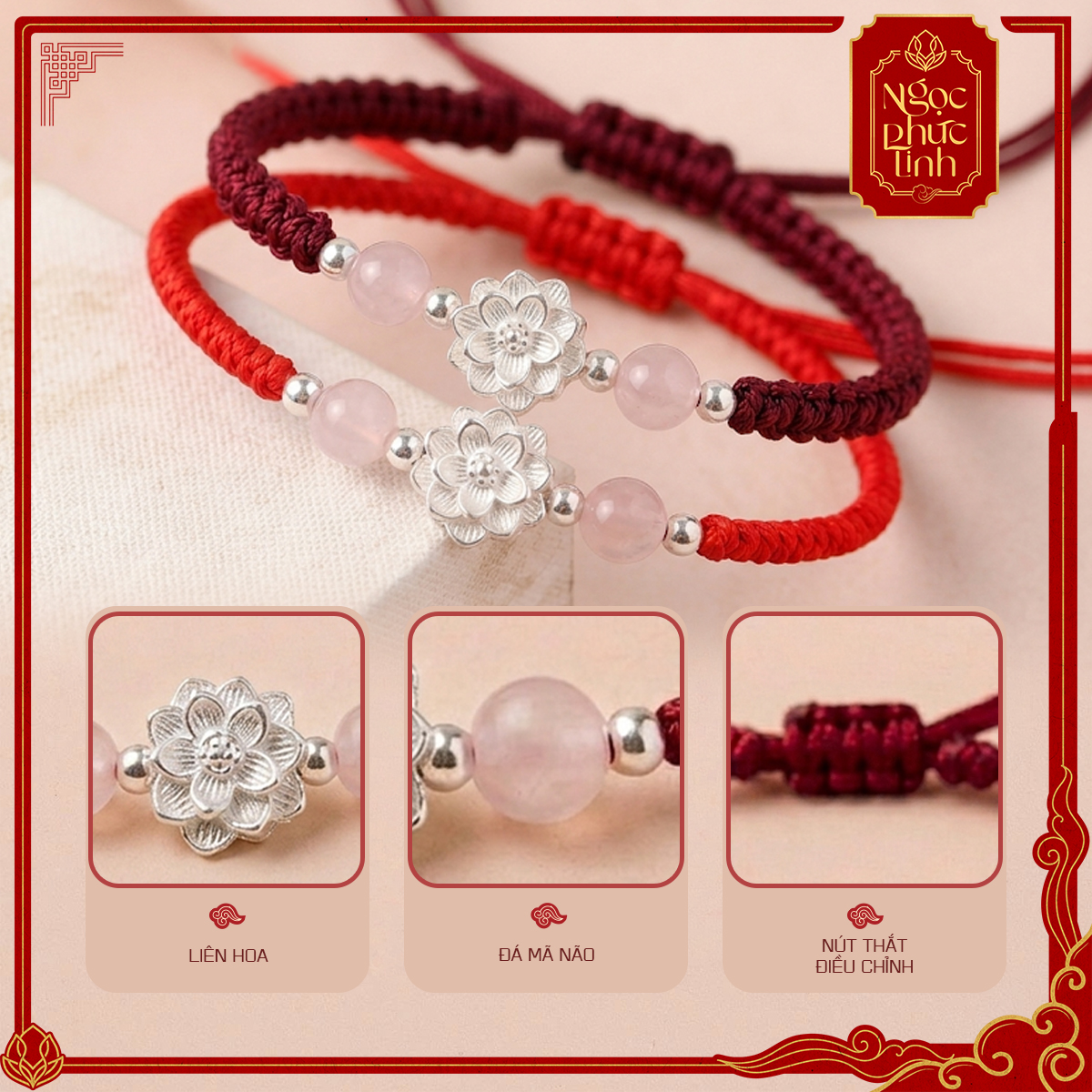 Vòng Tay Chỉ Đỏ Hoa Sen Mã Não