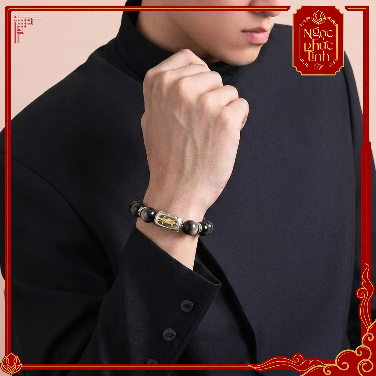 Vòng Tay Đá Obsidian Kim Cang Chùy Ánh Bạc 12mm