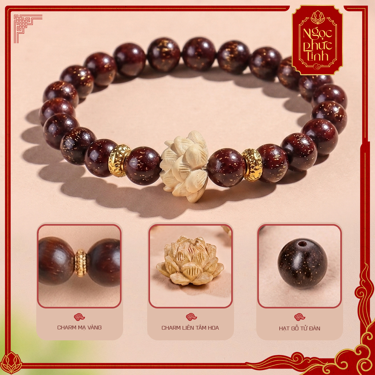 Vòng Tay Gỗ Tử Đàn Hoa Sen Không Kết - 10mm
