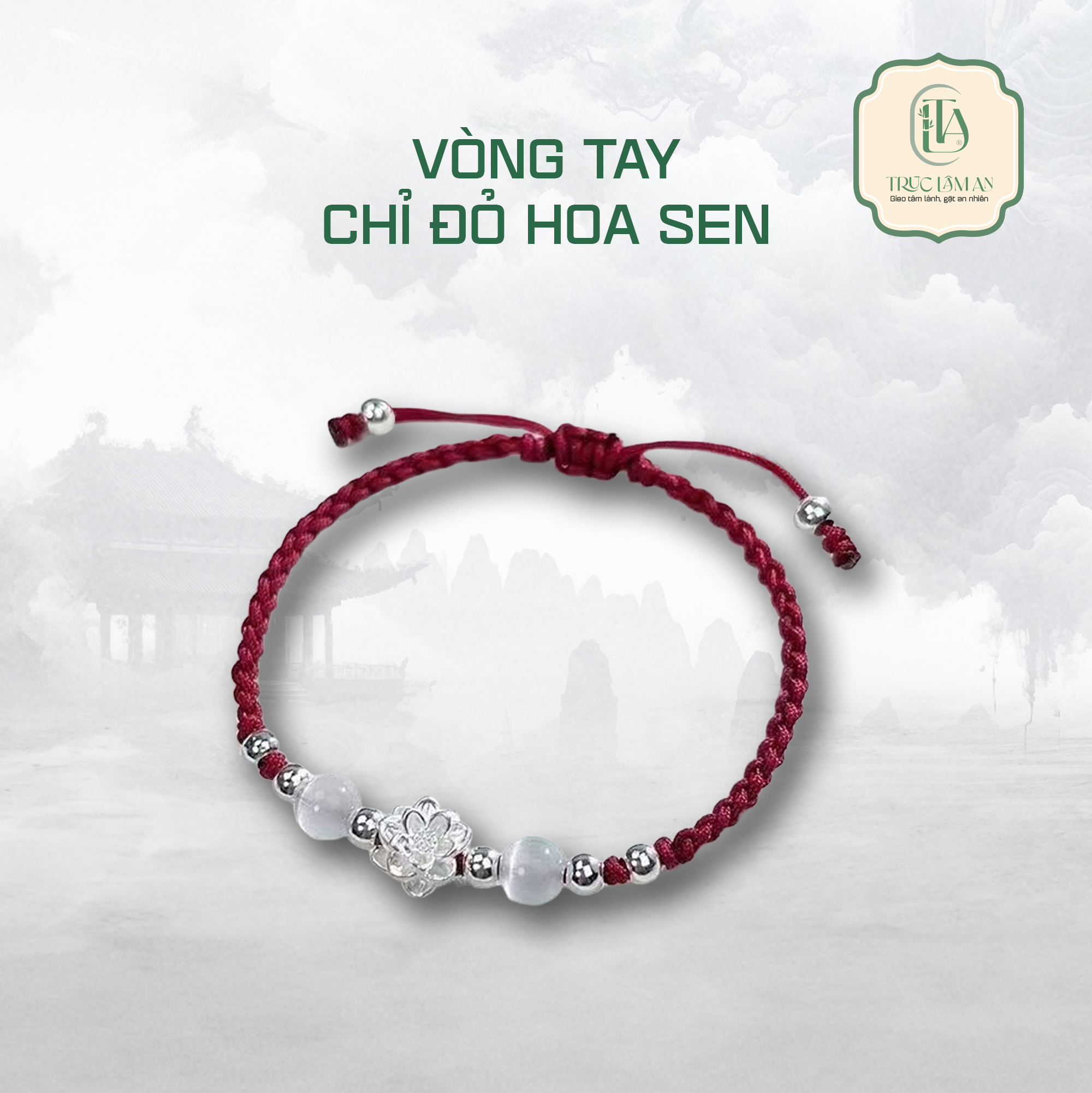 Chỉ Đỏ Dây Kết Hoa Sen Bạc Mix Đá Mắt Mèo