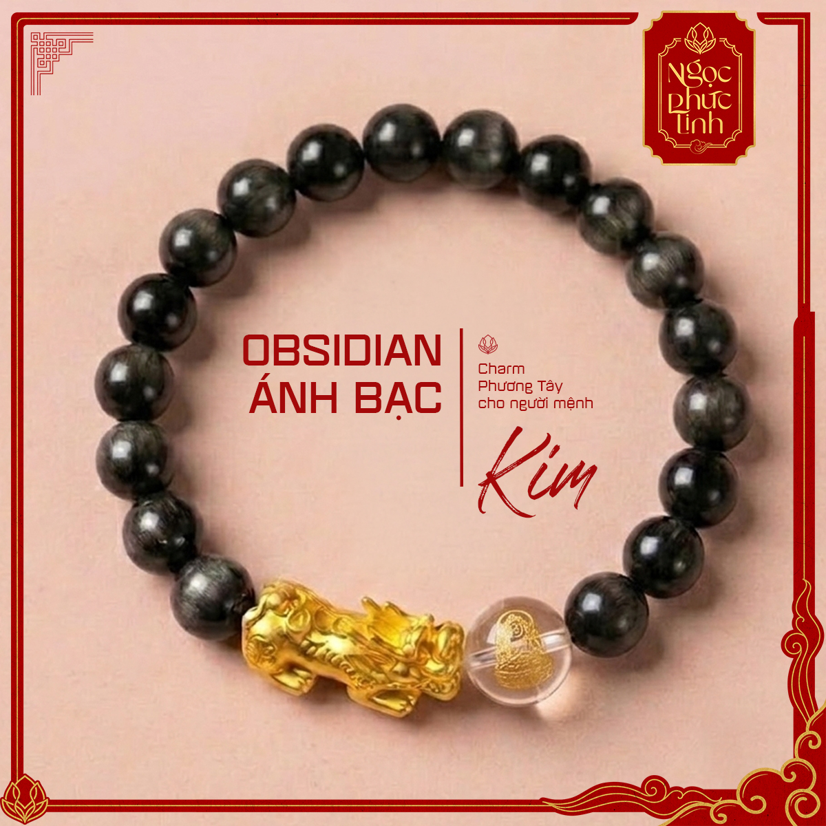 Vòng Tay Obsidian Ánh Bạc Tỳ Hưu Tài Lộc 10mm - Mệnh Kim