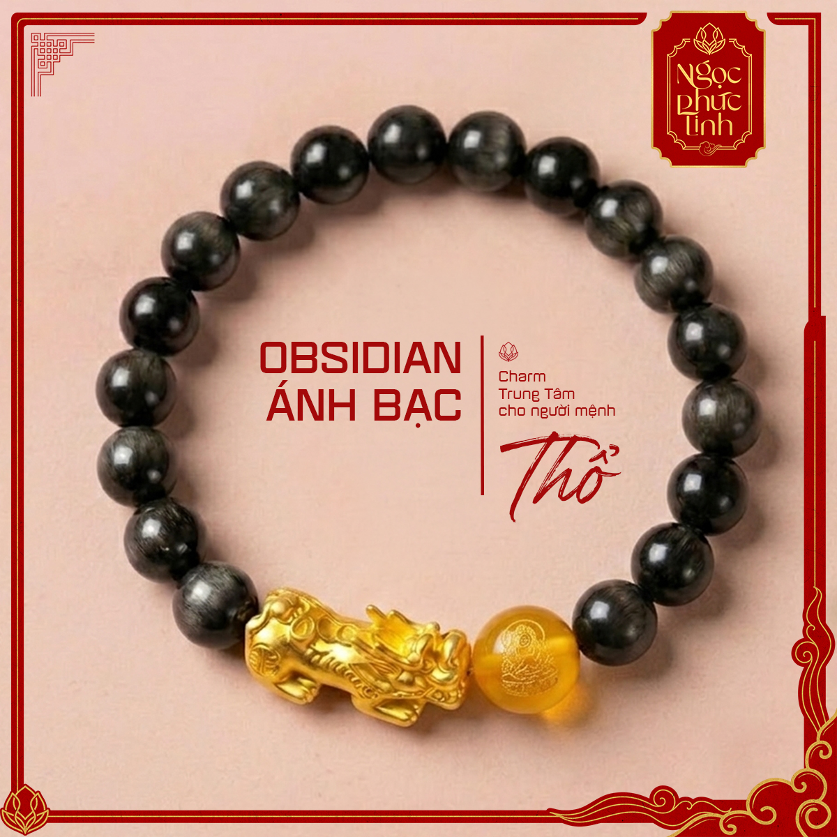 Vòng Tay Obsidian Ánh Bạc Tỳ Hưu Tài Lộc 10mm - Mệnh Thổ