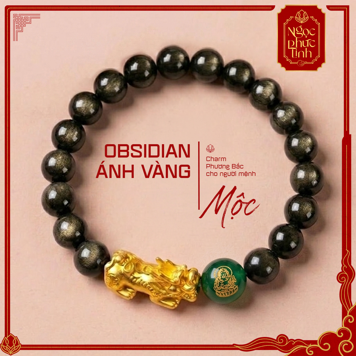 Vòng Tay Obsidian Ánh Vàng Tỳ Hưu Tài Lộc 8mm - Mệnh Mộc
