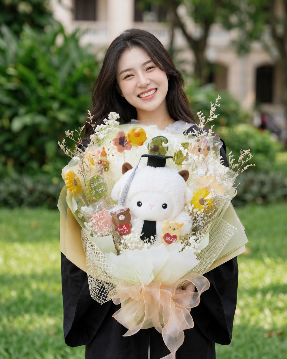 Bó hoa bánh quy kèm cừu bông tốt nghiệp
