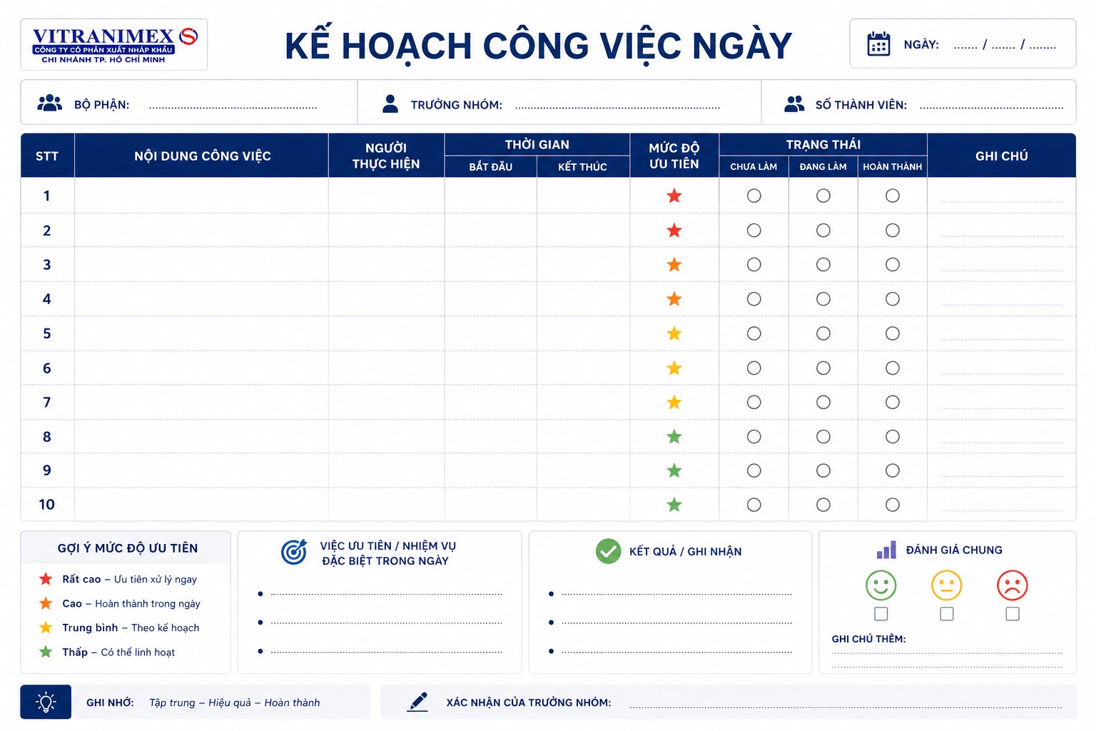 Mẫu bảng kế hoạch công việc trong ngày