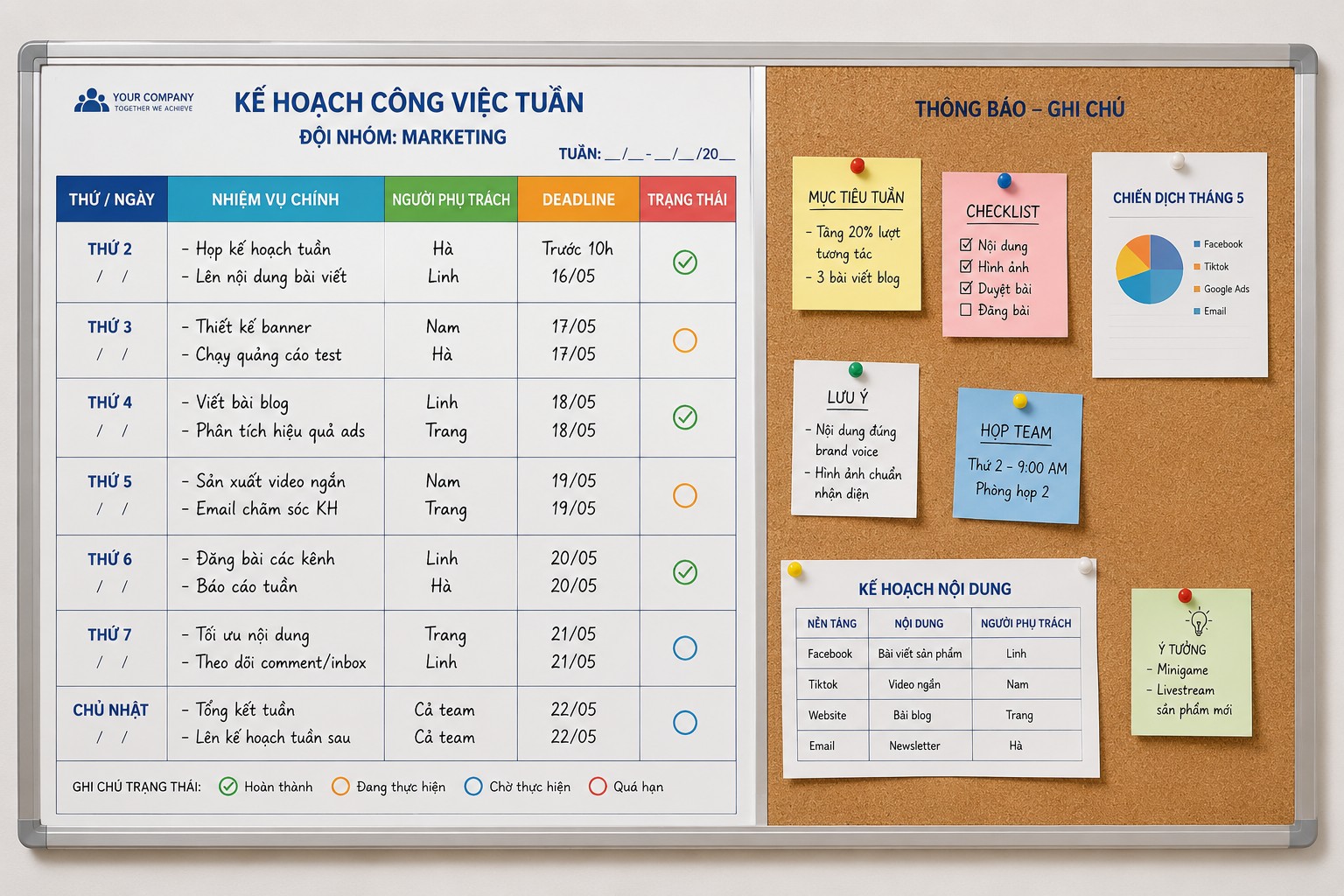 Bảng kế hoạch kết hợp mặt bảng ghim và mặt từ trắng