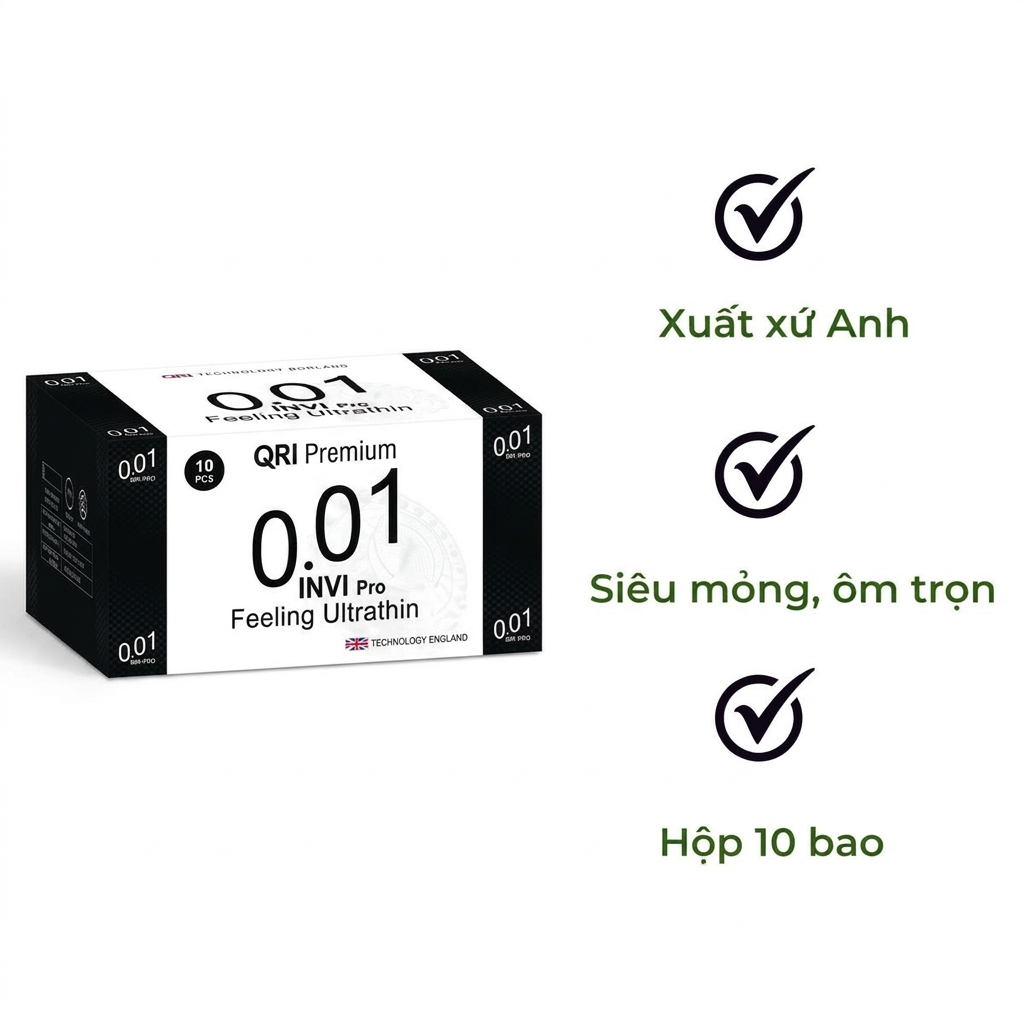 Bao cao su 0.01 Invis Pro trơn, siêu mỏng + kéo dài 10s