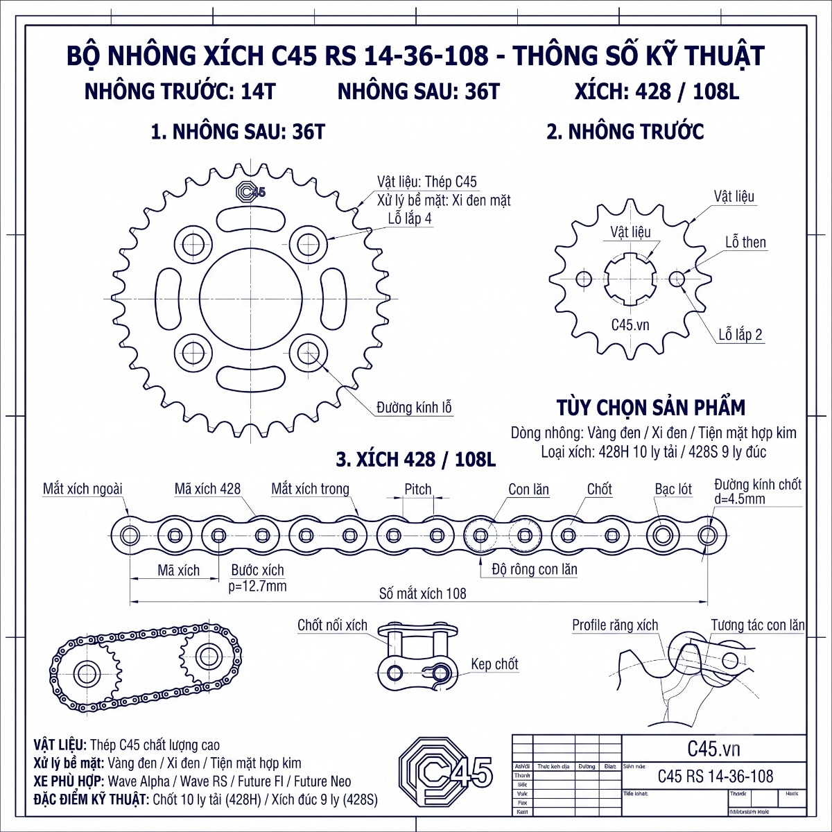 Bộ nhông xích C45 cho Honda Wave Alpha, Wave RS, Future FI, Future Neo – C45 Rs 36-14-108