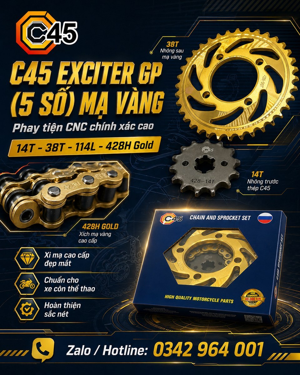 Bộ nhông xích C45 Gold cho Suzuki Raider Fi, Satria Fi, GSX150 sên đĩa vàng
