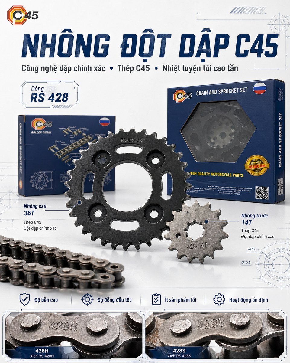 Bộ nhông xích C45 cho Suzuki Viva – C45 Viva 35-14 ko lỗ-102