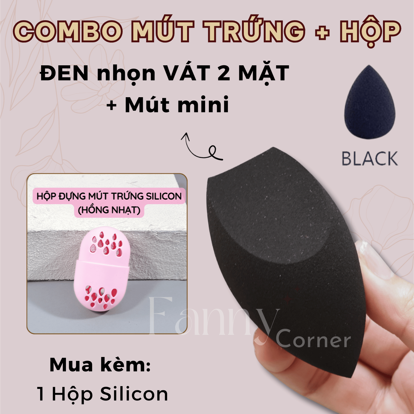 Bộ 3 SP: ĐEN NHỌN (VÁT 2 MẶT) + 1 Mini + SILICON HỒNG : Combo Mút Trứng + Hộp