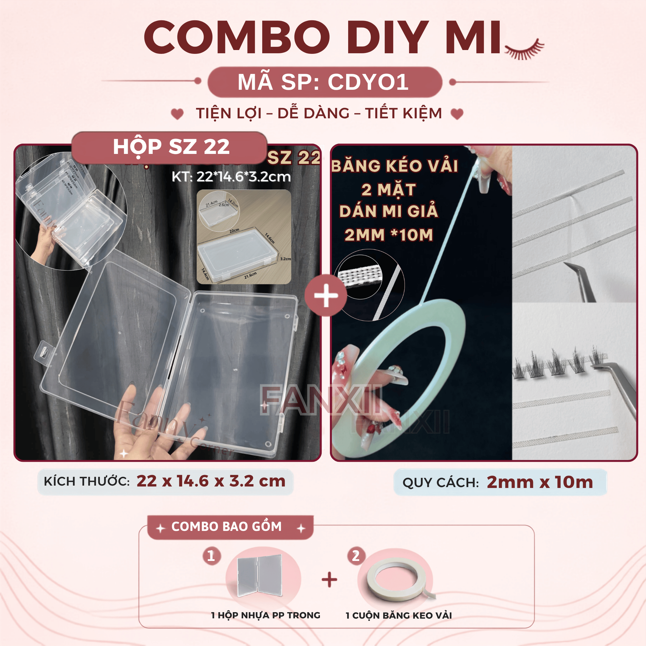 CDY01 sz 22: Hộp trong + 1 Cuộn BK Vải (2mm*10m) - Combo DIY Mi
