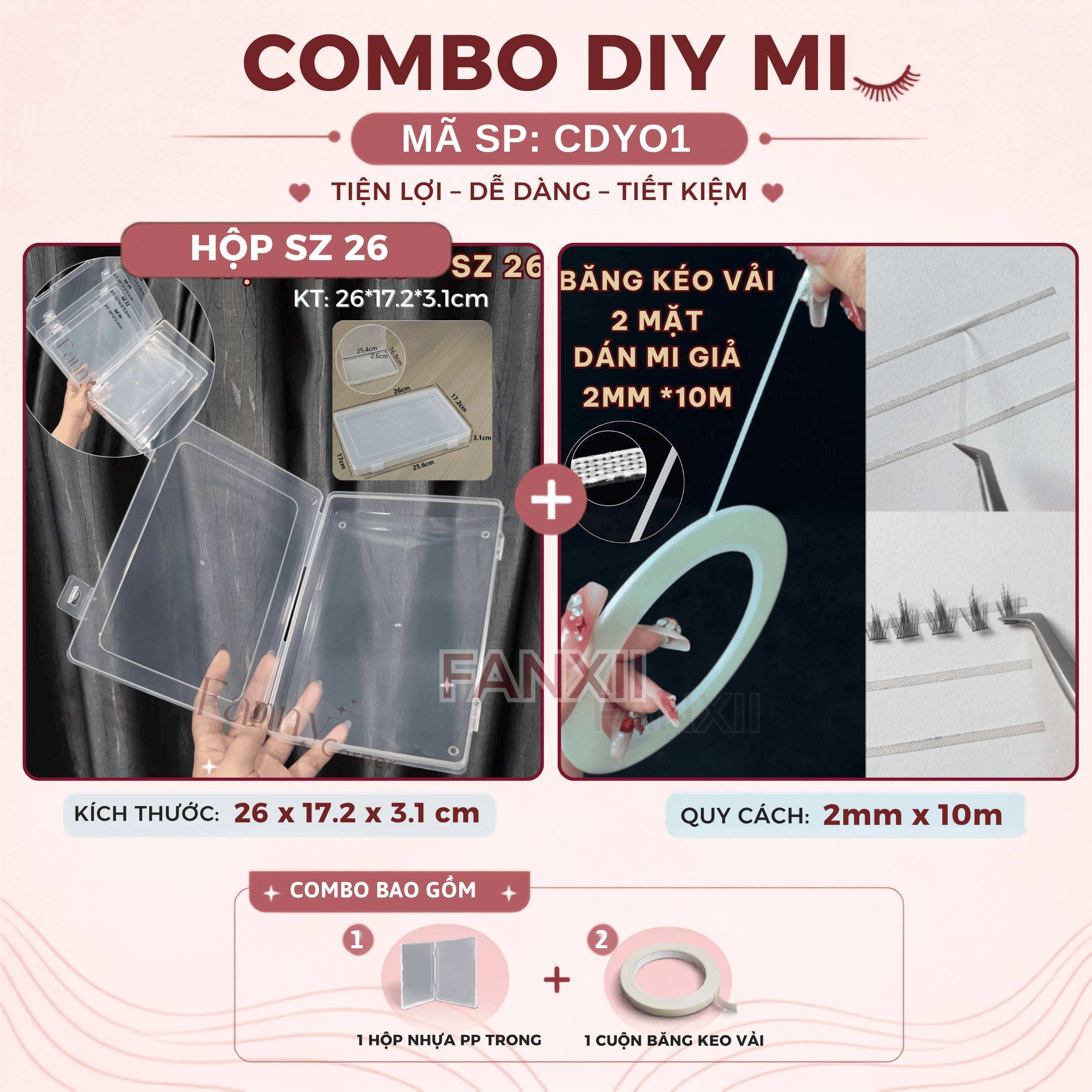 CDY01 sz 26: Hộp trong + 1 Cuộn BK Vải (2mm*10m) - Combo DIY Mi