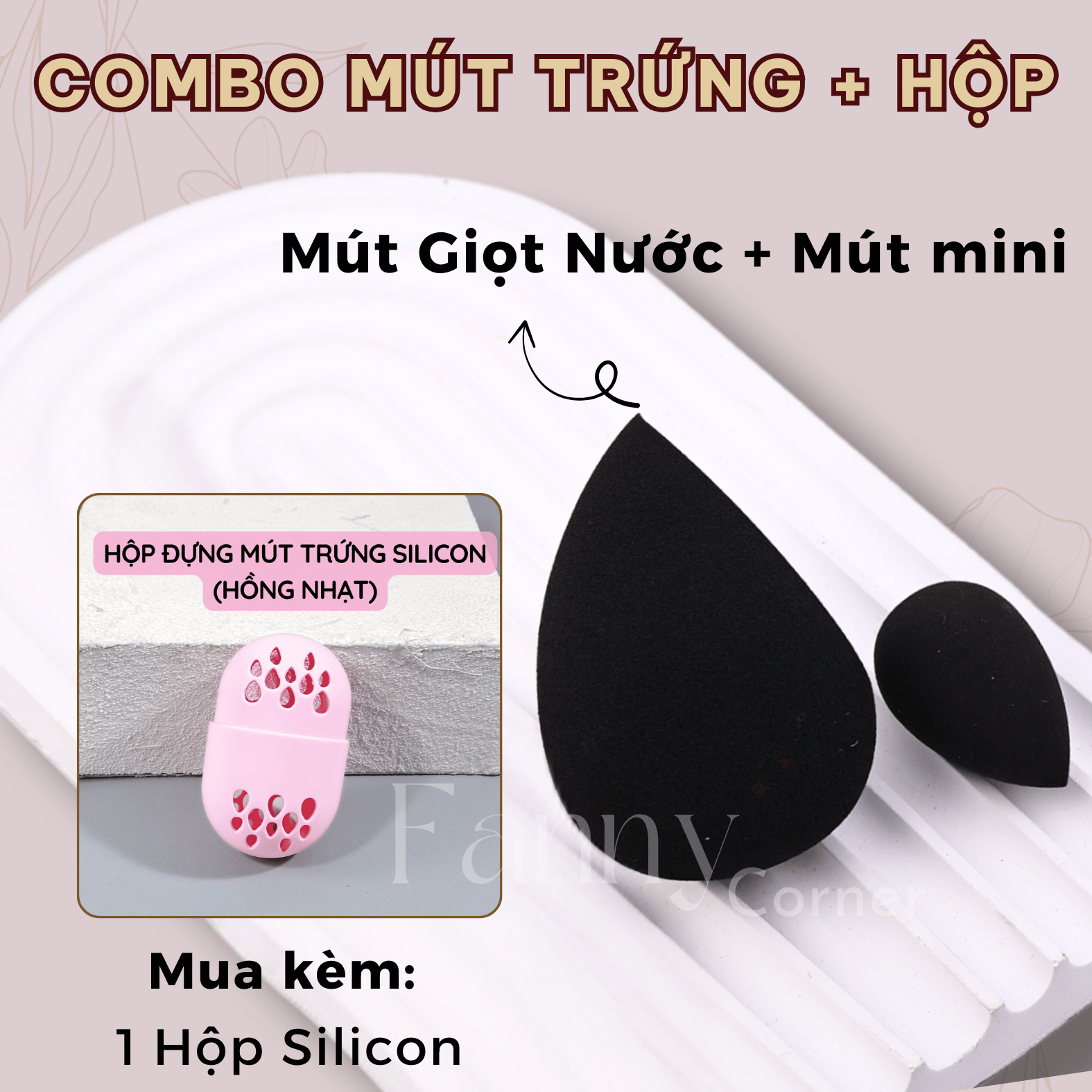 Bộ 3 SP: (TT): ĐEN: GIỌT NƯỚC + 1 Mini + SILICON HỒNG: Combo Mút Trứng + Hộp