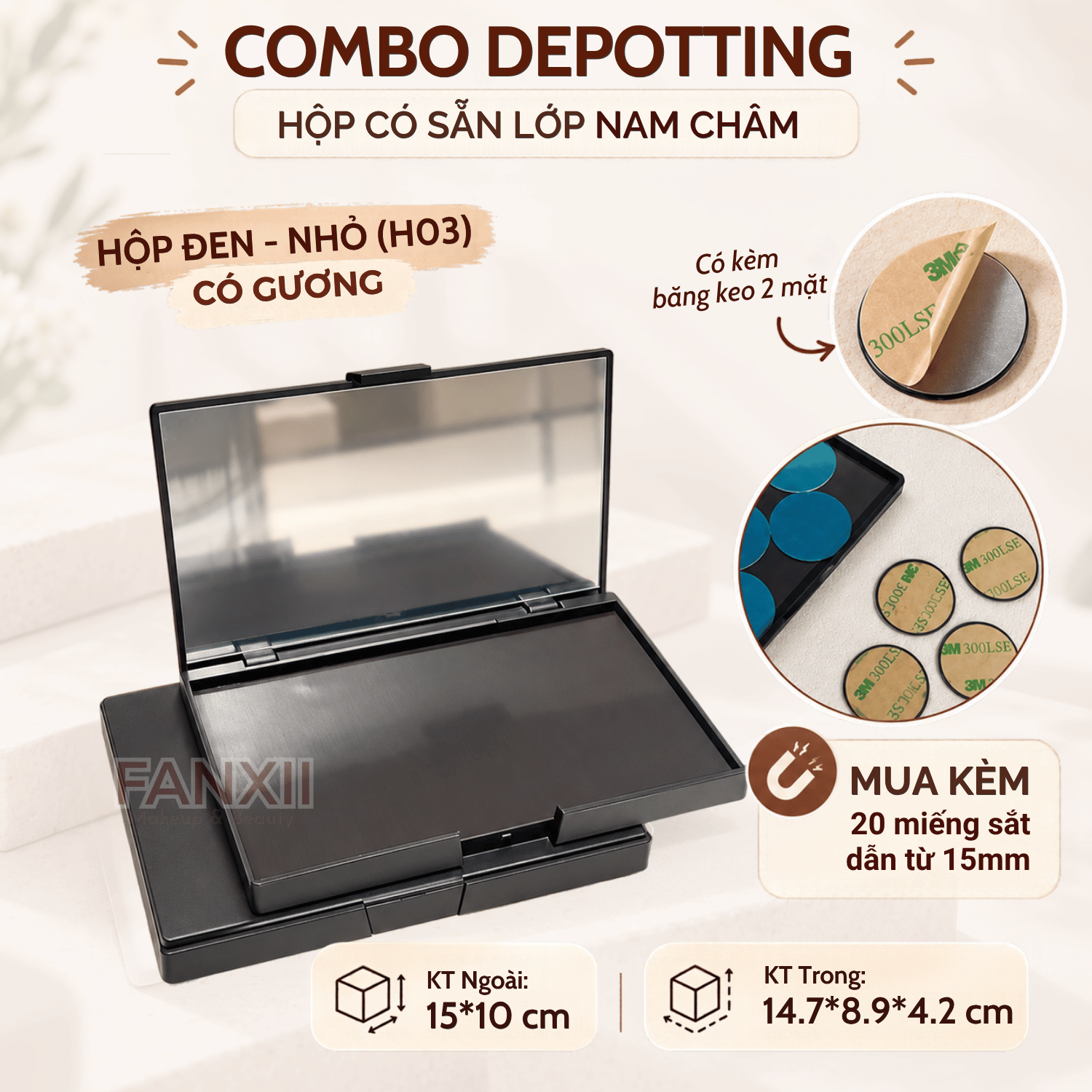 CDY07: H03 GƯƠNG - Combo: Hộp Depotting + 20 Miếng dẫn từ 15mm + Bk